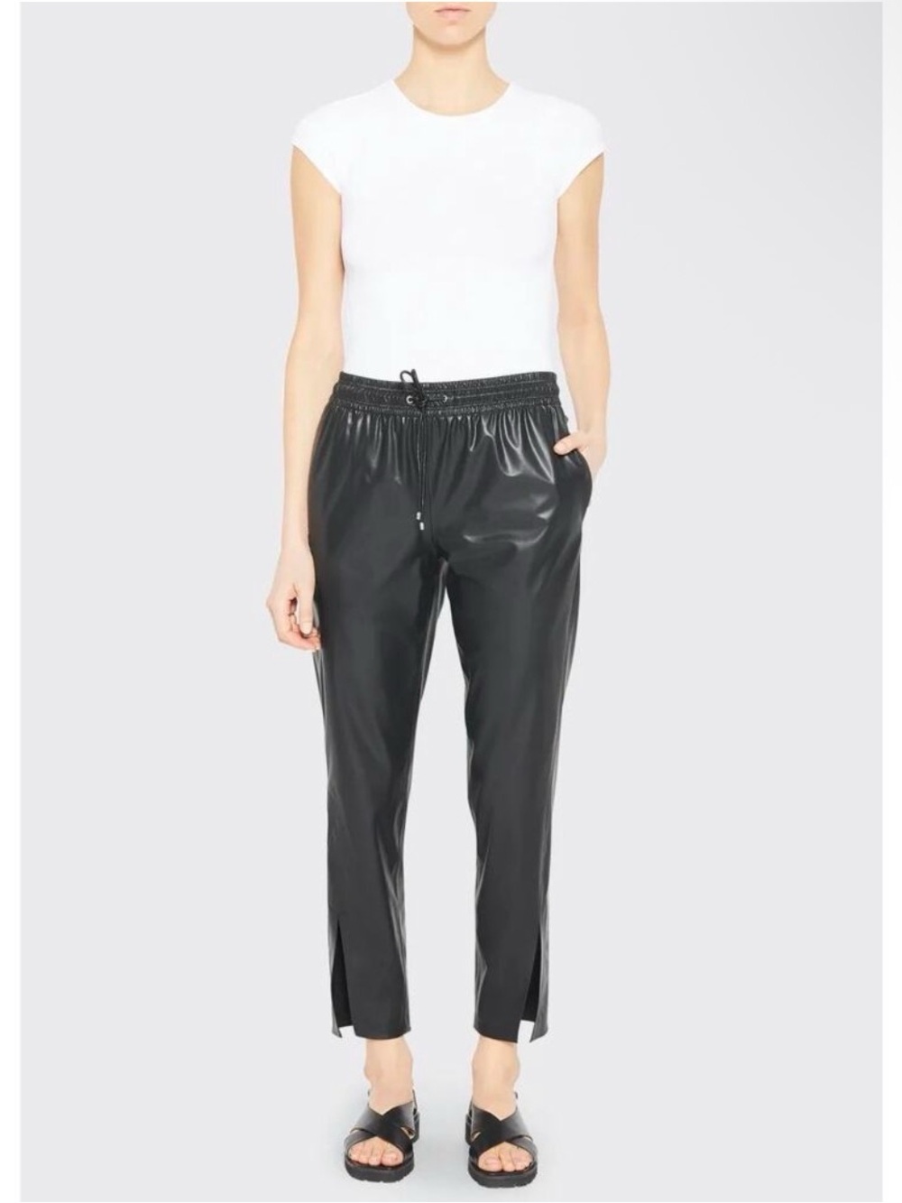 NEW! Theory Faux Leather Vegan Leather Tapered Pants with Slit Hem Black Size 2 - Picture 4 of 10